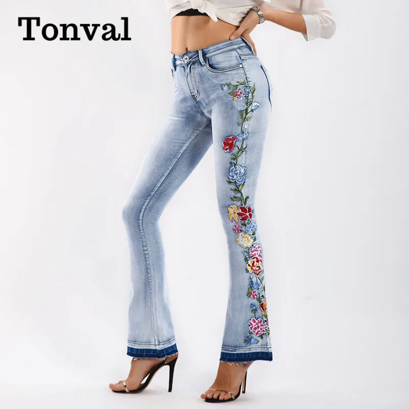 Tonval Floral Embroidered Side Elegant Skinny Flare Jeans Vintage Style Women Light Blue Frayed Hem Streetwear Jeans