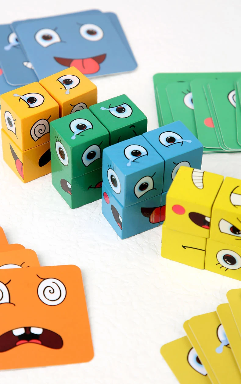 Wooden Face Changing Cube Toys Building Blocks for Cartoon Puzzle Montessori Jigsaw Educational Board Game Family Toys