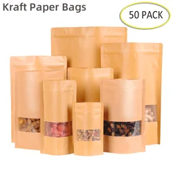 Bolsas de papel Kraft con cierre de cremallera para envasado de alimentos, bolsitas con cierre hermético de agarre resellable, color marrón, con ventana de pie, para té, café y dulces, 50 unidades