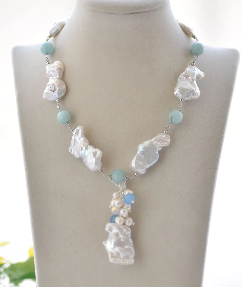 

P7072 17" 26mm White Keshi Pearl Aquamarine Bead Necklace Pendant