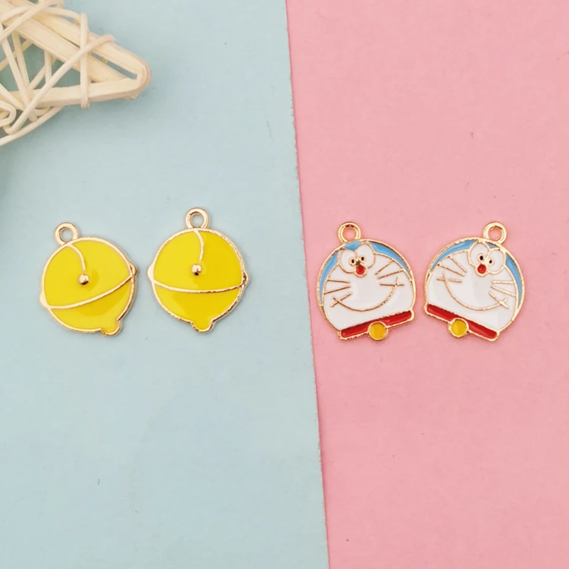 10pcs/pack Robot Jingle Cat Bell Enamel Charms Cartoon Design Pendants for Jewelry Making Earrings Bracelet Floating Golden Base