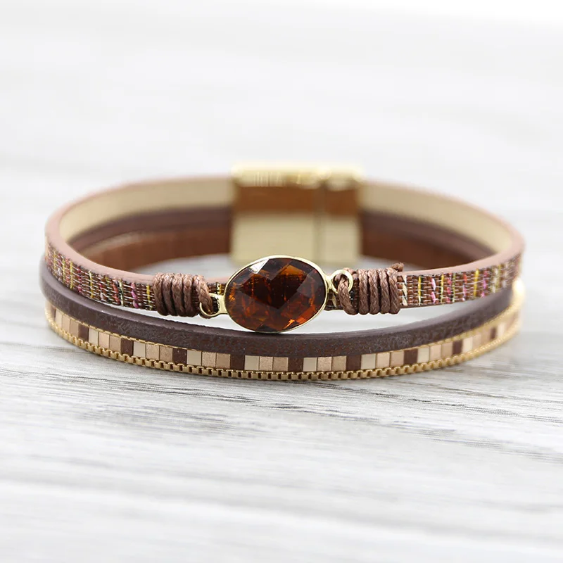 STRATHSPEY coffee brown color bracelet for women crystal beads leather bracelets multilater natural stone bracelet 2019