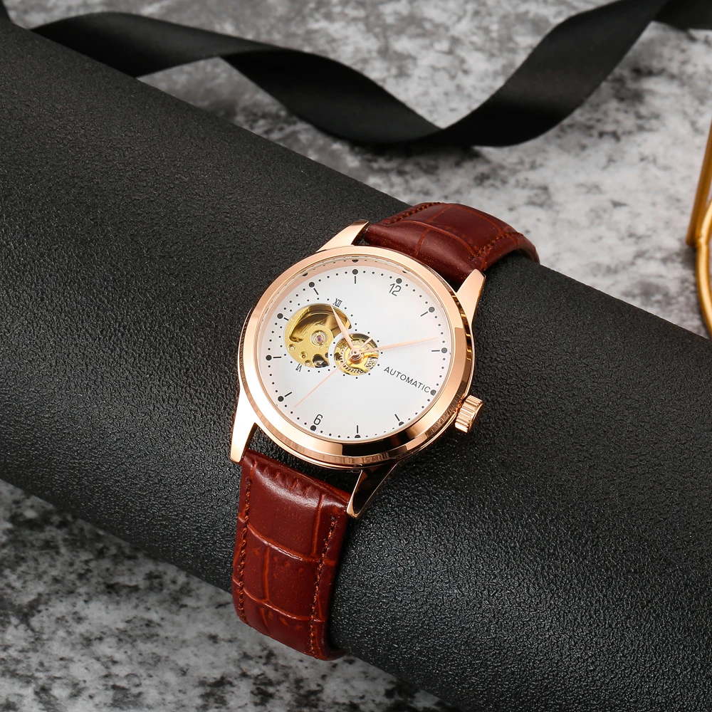 

Pink Cohome Female Automatic Gold Watches Waterproof Leather Straps Skeleton Mechanical Steel Wristwatch Mekanik Izle Otomatik