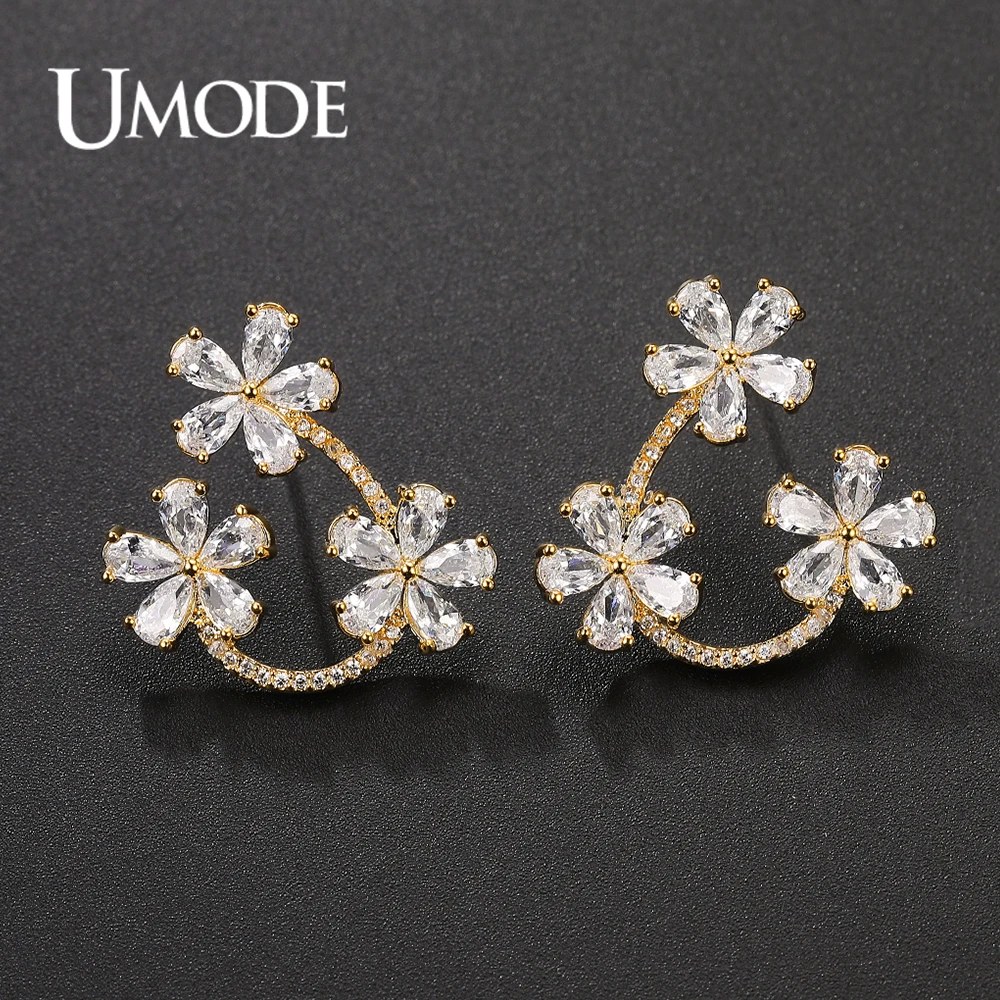 

UMODE New Unique Water Drop CZ Zircon Big Flower Branch Stud Earrings for Women Gold Color Crystal Party Jewelry Gift UE0651