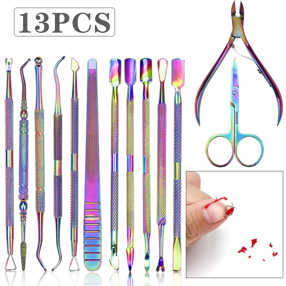 

13pcs Cuticle Clippers Cutter Scissors Stainless Steel Rainbow Pedicure Tweezer Clipper Dead Skin Remover Professional Nail Plie