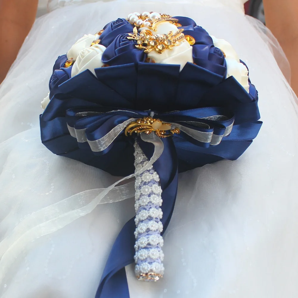 Luxury Satin Rose Flowers Bouquet Brides Navy Blue With Gold Crystal Diamond Artificial Bridal Bouquet