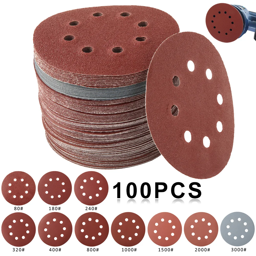 

100pcs 125mm Sanding Discs Hook Loop Sanding Paper Buffing Sheet Sandpaper 8 Hole Sander 5 Inch Sanding Disc Polishing Pad