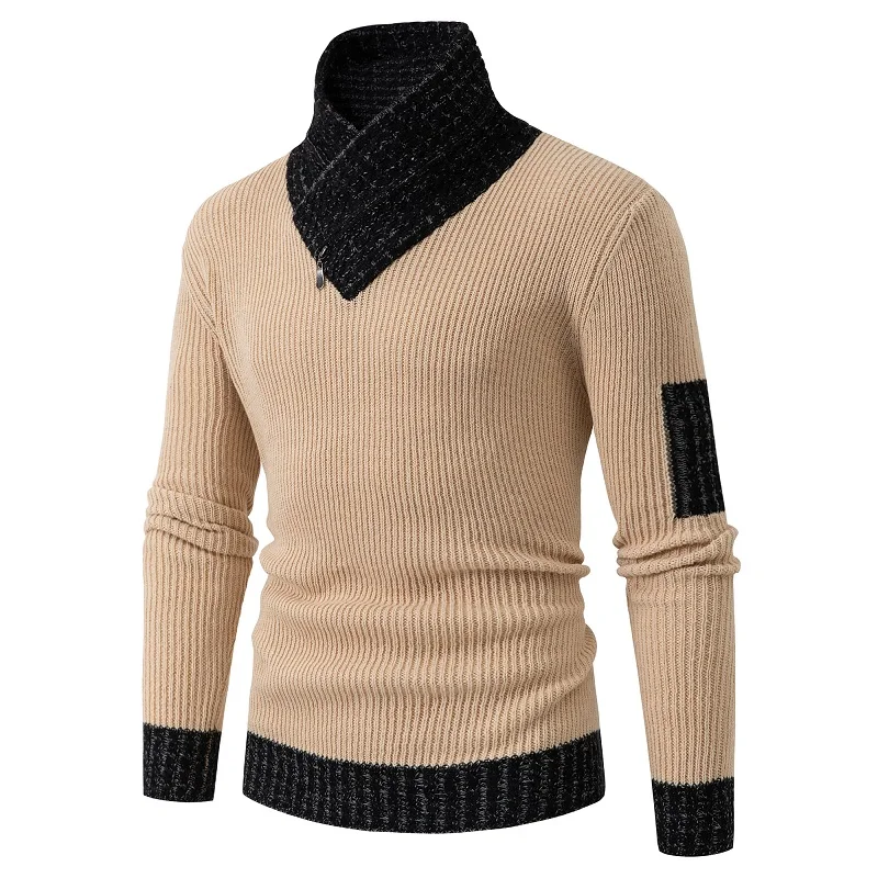 Suéter de cuello alto para hombre, jerseys de punto informales a la moda, cuello de bufanda, ajustado, Patchwork, otoño e invierno, nuevo