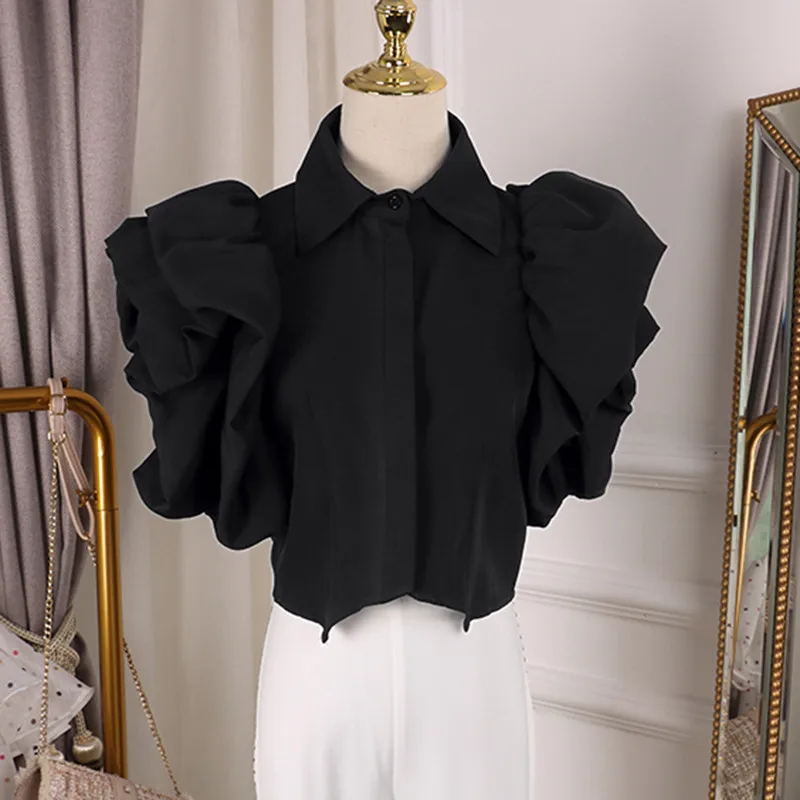 Vintage Puff Sleeve Elegant Shirt White Black Sexy Vintage Blouse Turn Down Collar Office Ladies Blusa Female Casual Tops