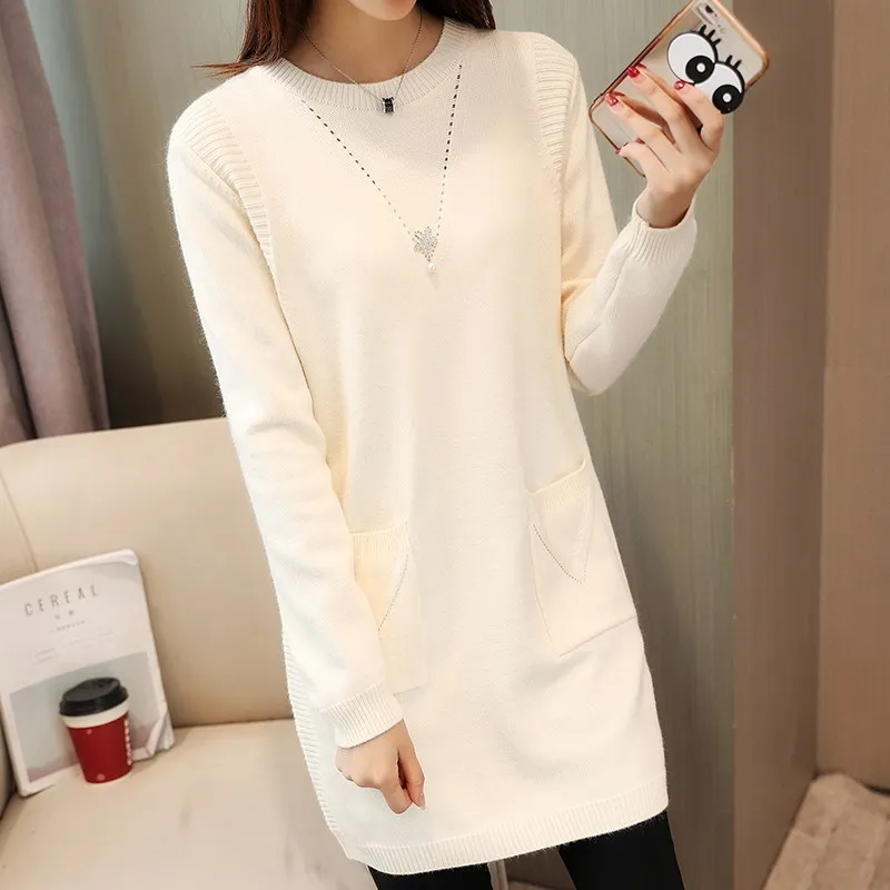 Solid Long Sweater Women Clothing 2024 New Korean Pocket Knit Sweater Dress Casual Warm Loose O neck Long sleeve Ladies Pullover