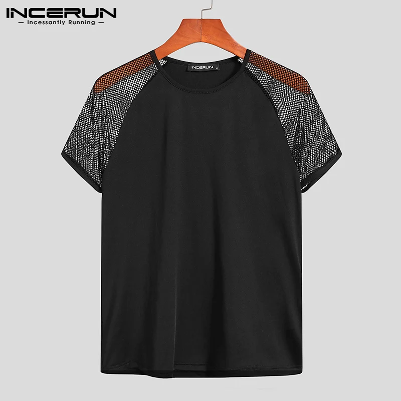 Fashion Men T Shirt Mesh Patchwork Breathable Crew Neck 2023 Short Sleeve Casual Tee Tops Streetwear Sexy Camisetas 5XL INCERUN