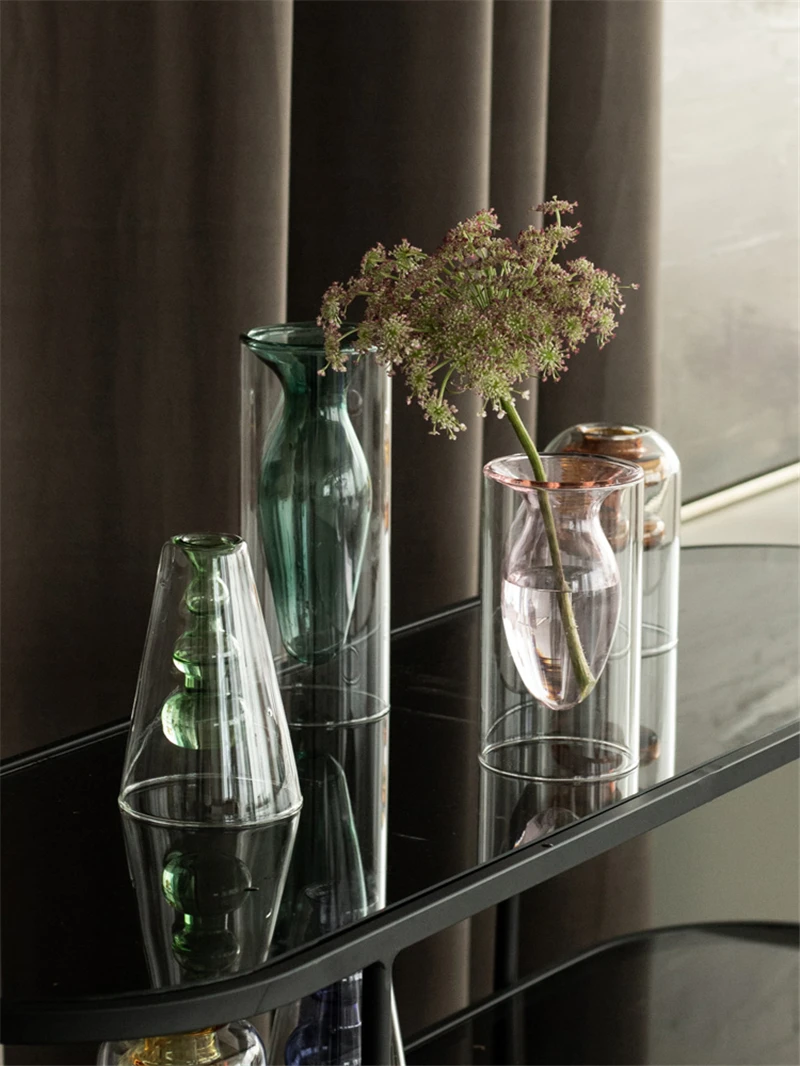 Nordic Colorful Glass Vase with Creative Internal Structure Small Hydroponic Plant Glass Bottle Dried Flower Vase for Home Decor