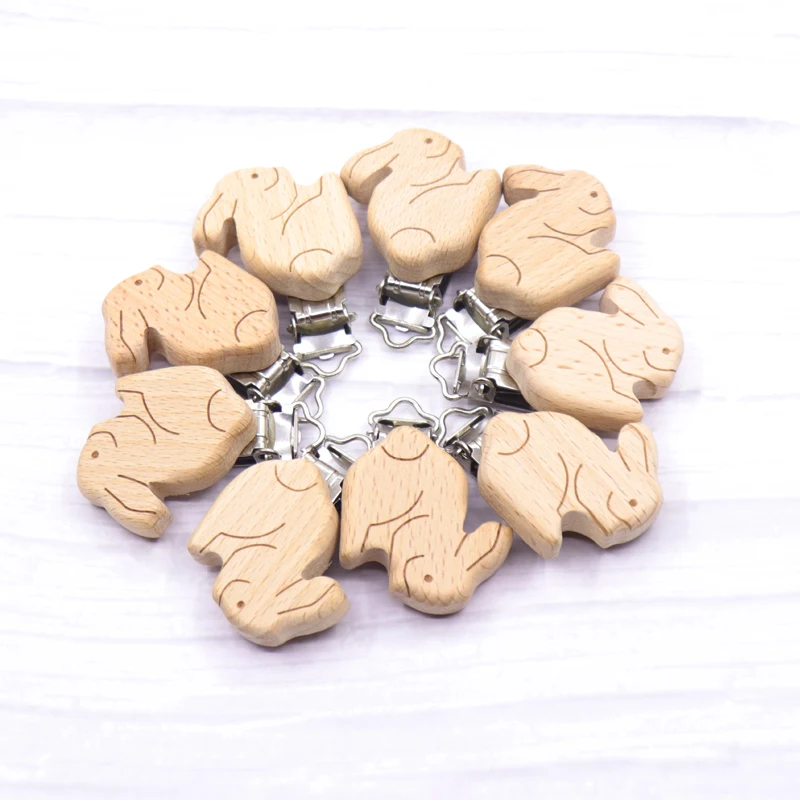 

10Pcs Natural Beech Wood lovely rabbit Animal Pacifier Clips Baby Teether Safety Clasp DIY Nipple Chain Accessories