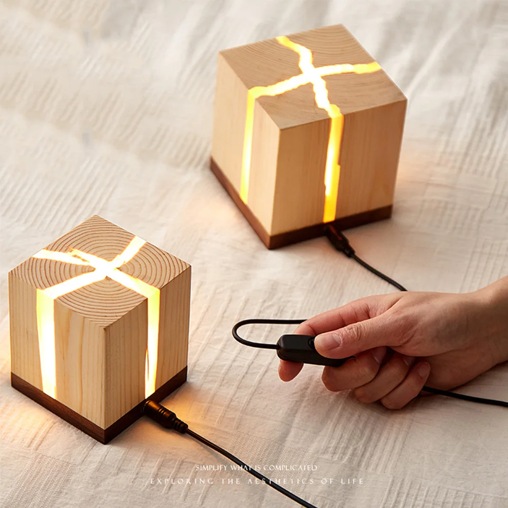 Nordic Cracked Solid Wood Table Ornaments Bedroom Bedside Desktop Night Lights Adjustable DC5V Resin Cuboid Lamp 2022 Gifts