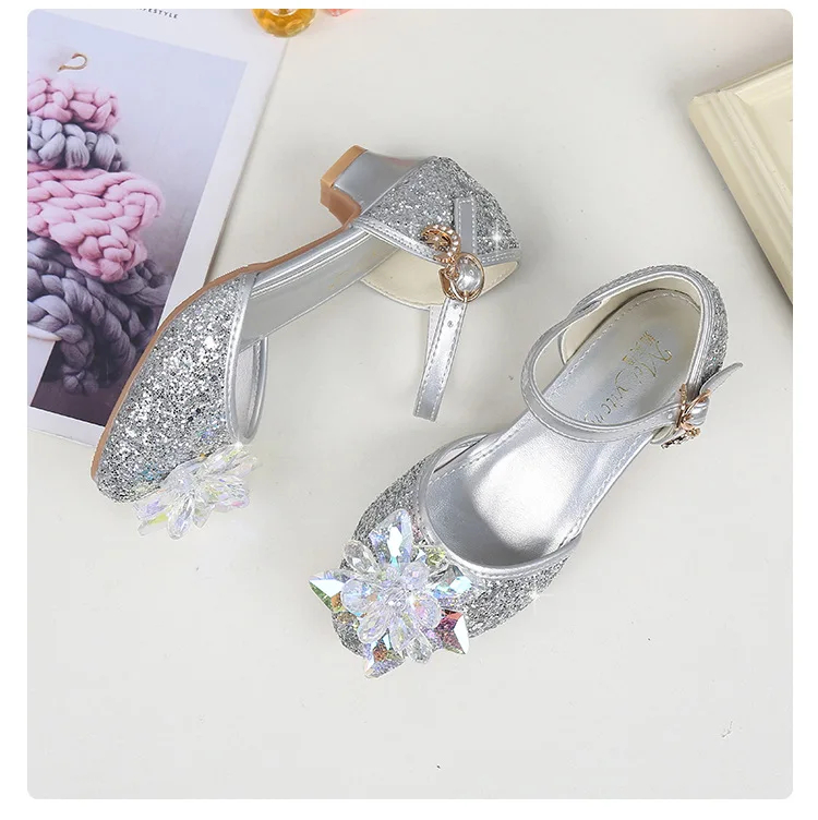 New Princess Kids Leather Shoes Crystal Flower Casual Glitter Children High Heel Girls Banquet Party Shoe Student Buckle Sandals