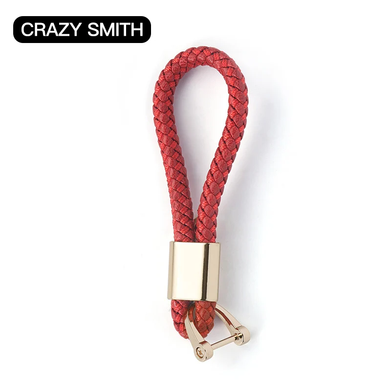 Crazy Smith French Goat Skin Leather Braided Rope Key Fob High Quality 100% Genuine Leather Weaved Keychain Classic Black Red