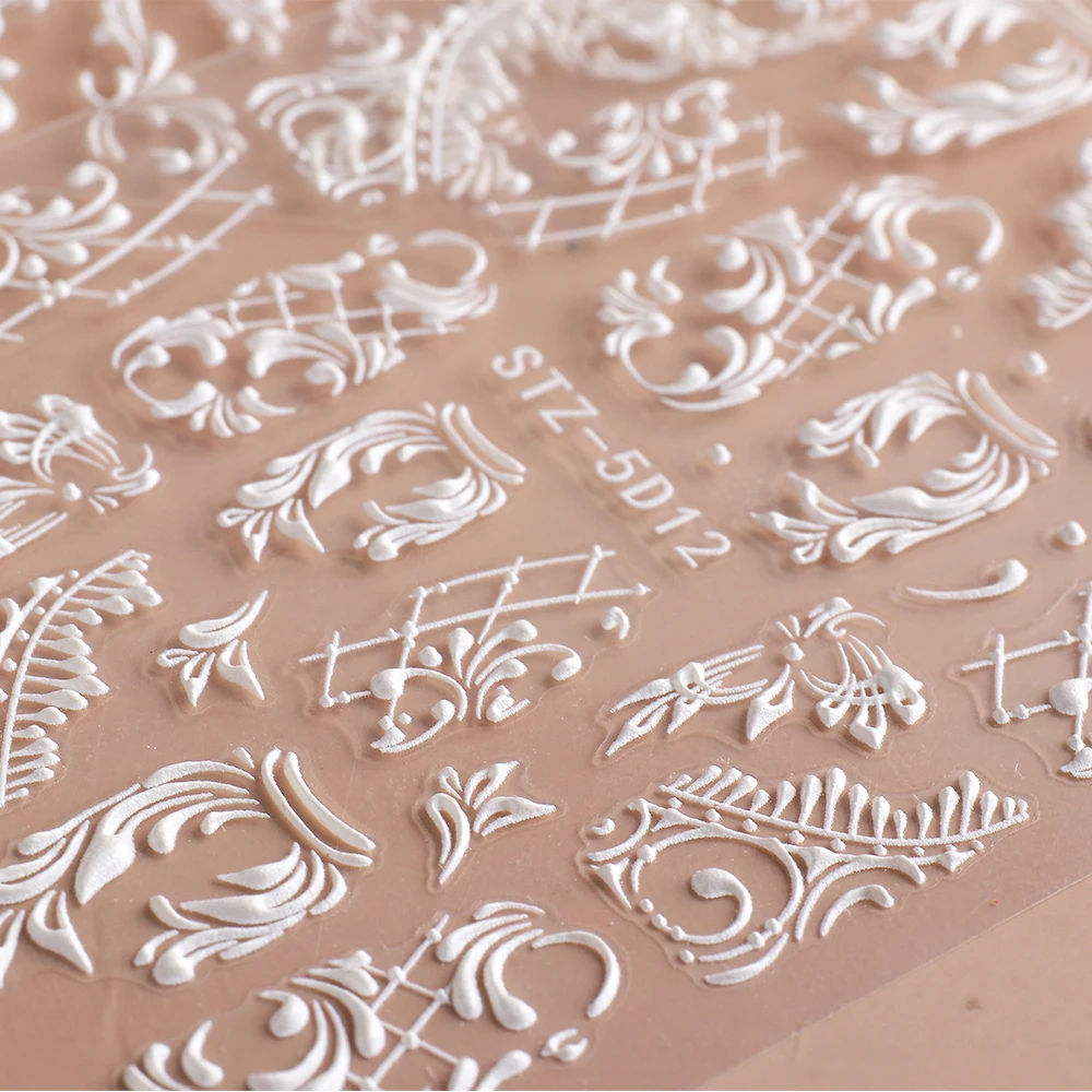 5D Acrylic Nail Stickers White Wedding Nail Design Engraved Lace Sliders Monogram Decals Winter French Manicure Design GLSTZ5D-2