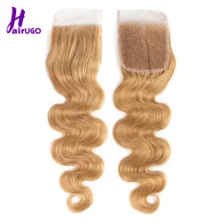 Harugo-extensiones de cabello humano brasileño, accesorio capilar ondulado de color rubio miel, 4x4, cierre de encaje, 10-20 pulgadas, 100% cabello Remy, 27