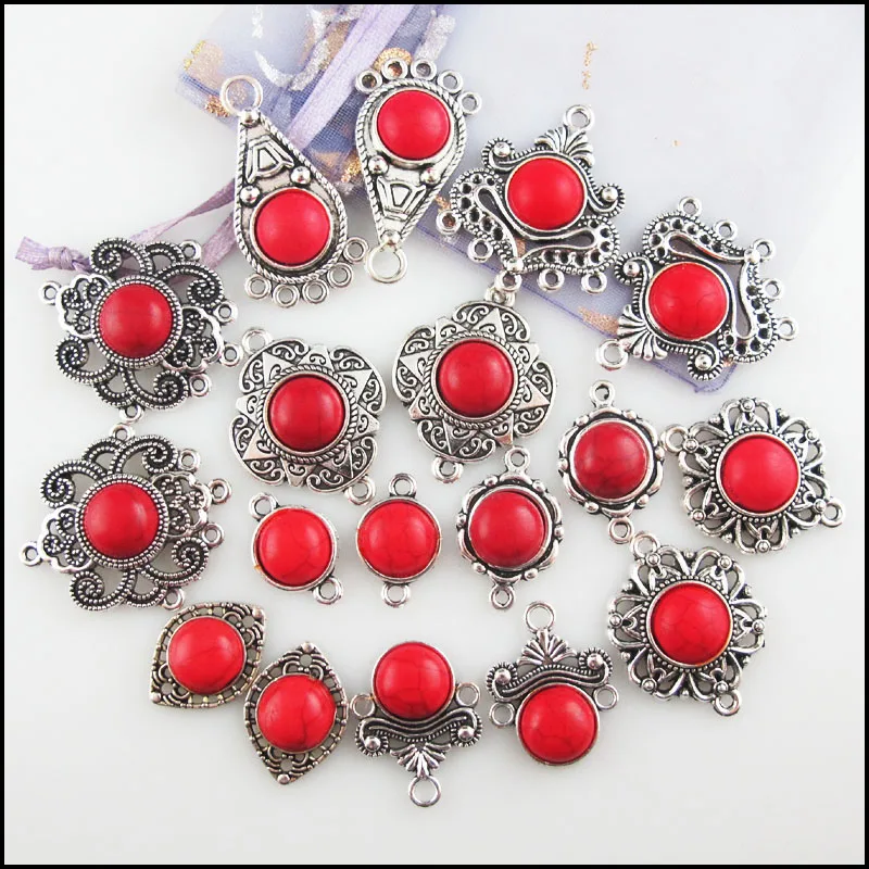 10mm Round Red Turquoise Stone Charms Connectors Teardrop Flower Eye Heart Tibetan Silver Plated Pendant Retro