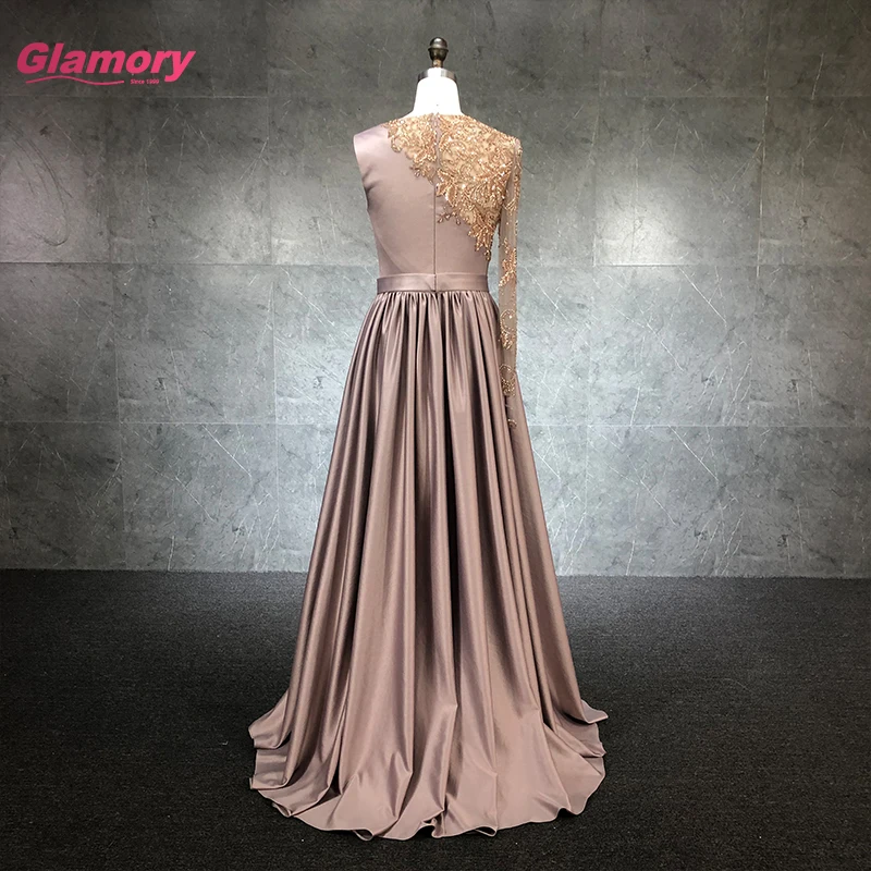 2021 High Neck EINE Linie Satin Muslimischen Abendkleider Frauen Elegante Perlen Formale Partei Lange Kleider