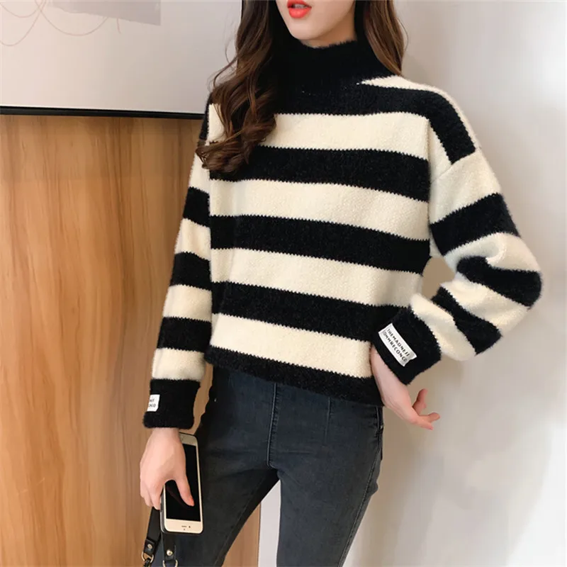 Korean Stripe Half High Collar Knit Sweater Women Student Pullover Jumpers Ladies Half Turtleneck Long Sleeve Knitted Top Female