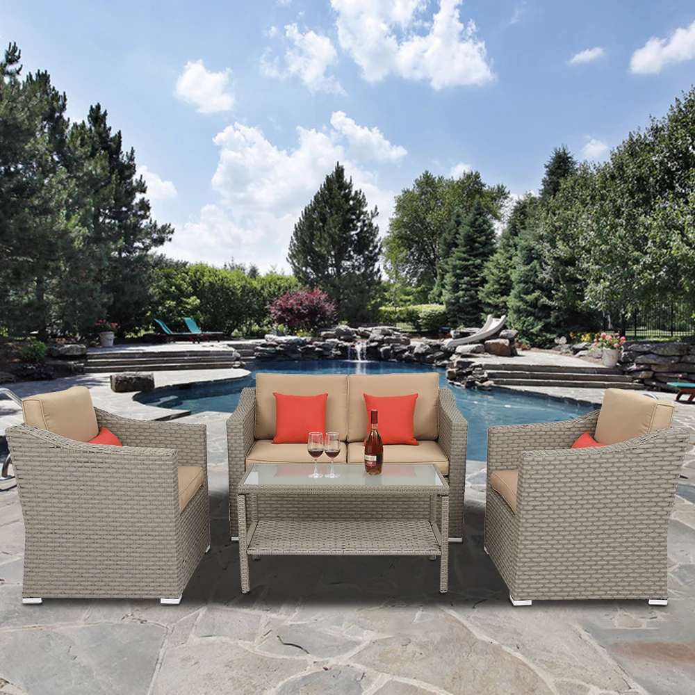 4Pcs Patio Outdoor Furniture Suit 1 Double 2 Single Sofa  1 Double Coffee Table Wide Rattan Double Contiguous Rattan Gray