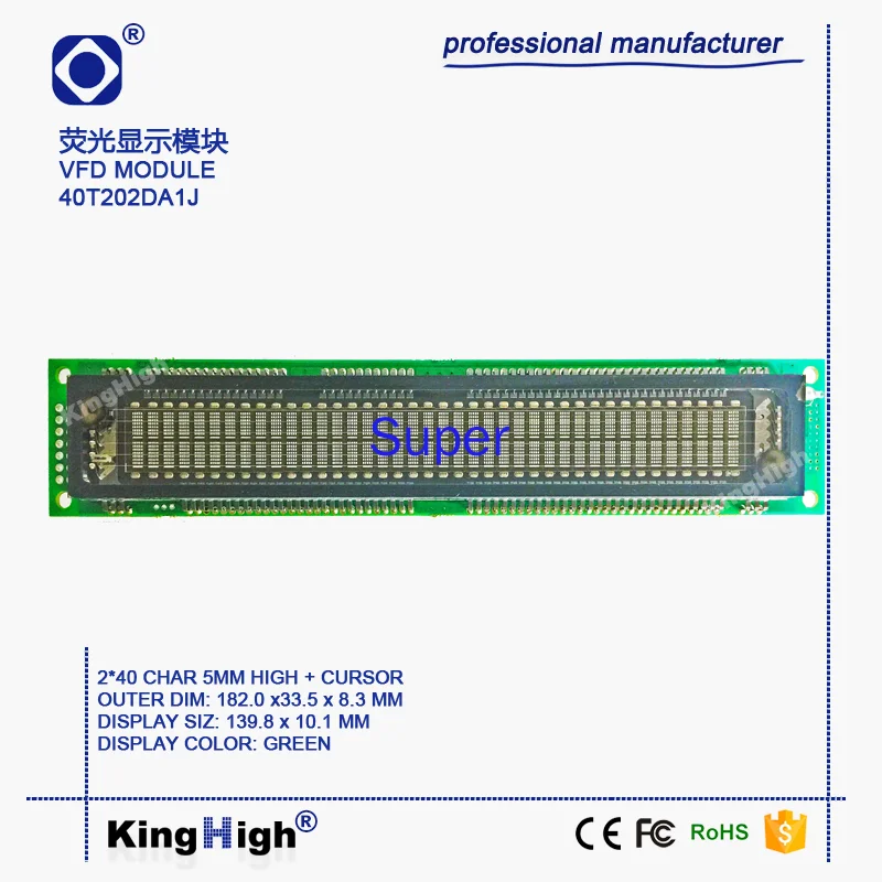 40T202DA1J Instrument and Meter Display VFD Display Vacuum Fluorescence 40*2 High Brightness Full Viewing Angle