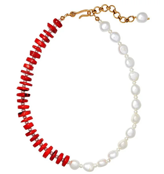 

HABITOO Natural Natural Red Coral 9-10mm White Baroque Freshwater Pearl Necklace 18inch Charming Gifts Girlfriend Gifts