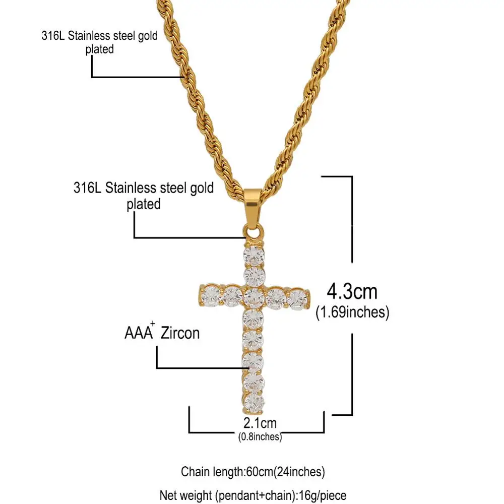 1 Row AAA CZ Stone Cubic Zirconia Cross Pendants Necklaces Gold Silver Color Men Hip Hop Bling Ice Out Rapper Jewelry