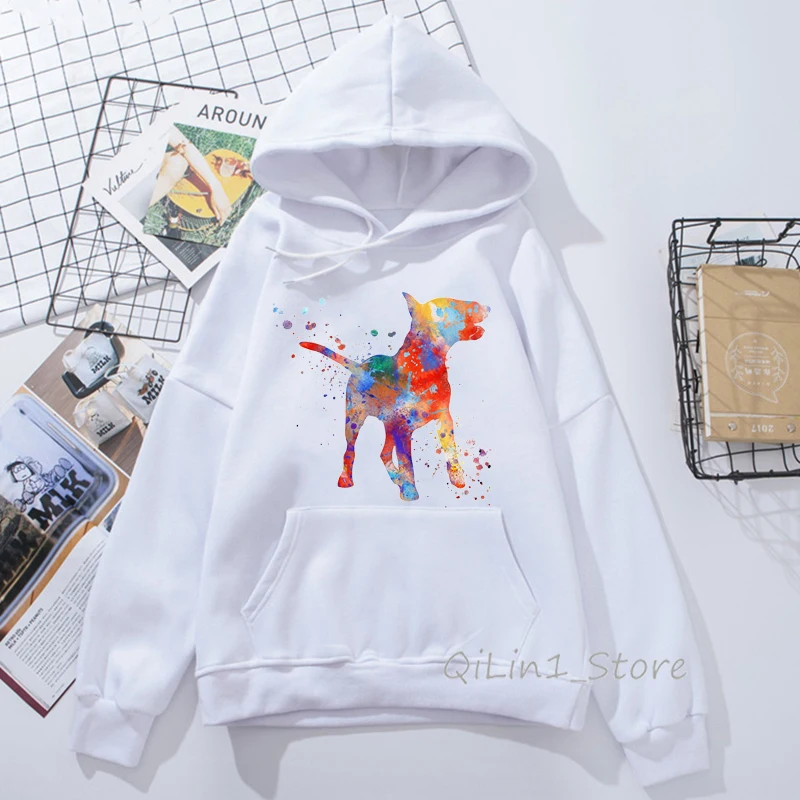 Watercolor Bull Terrier Printed Men Women Hooded Sweatshirt Autumn Winter Hoody Unisex Sweat Oversized Hoodie Dog Lover Clothes