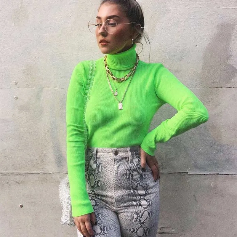 2021 Autumn Winter Neon Color Ribbed T Shirt Women Long Sleeve Turtleneck Tshirt Fashion Slim Pure Color Knitted Tops Tee