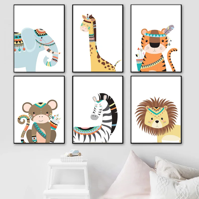 Cartoon Animal Monkey Giraffe Elephant Wall Art Canvas Painting Nursery Posters And Prints Wall Pictures Baby Kids Room Décor