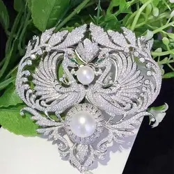 18K White Pearl gold plated CZ micro pave Double phoenix charm Brooch