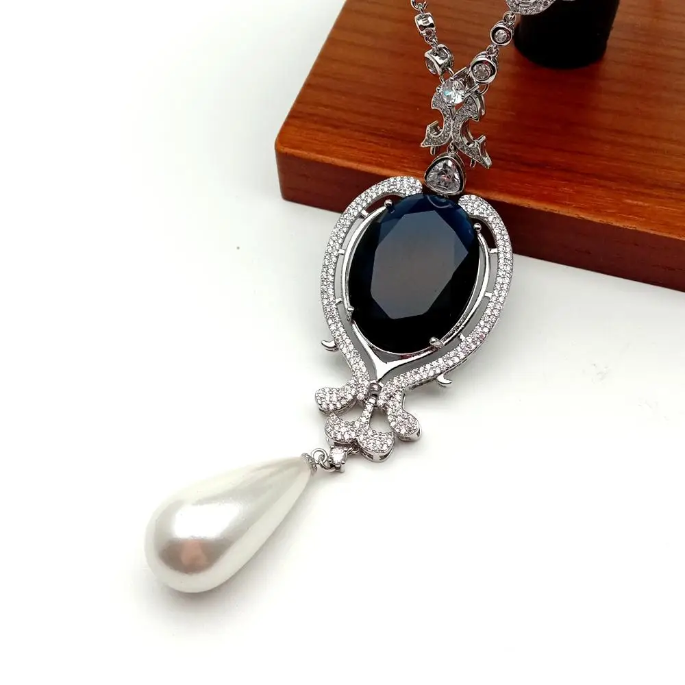 Y·YING 2 Rows Blue Agate Necklace Blue Crystal White Sea Shell Pearl Pendant 19\