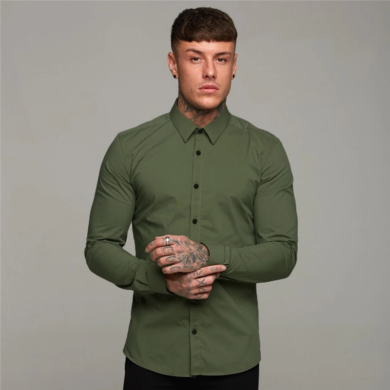 

Mens Fashion Casual Brand Workout Fitness Sports Long-sleeved Shirt Breathable Clothing Turn-down Collar Long Sleeve Men