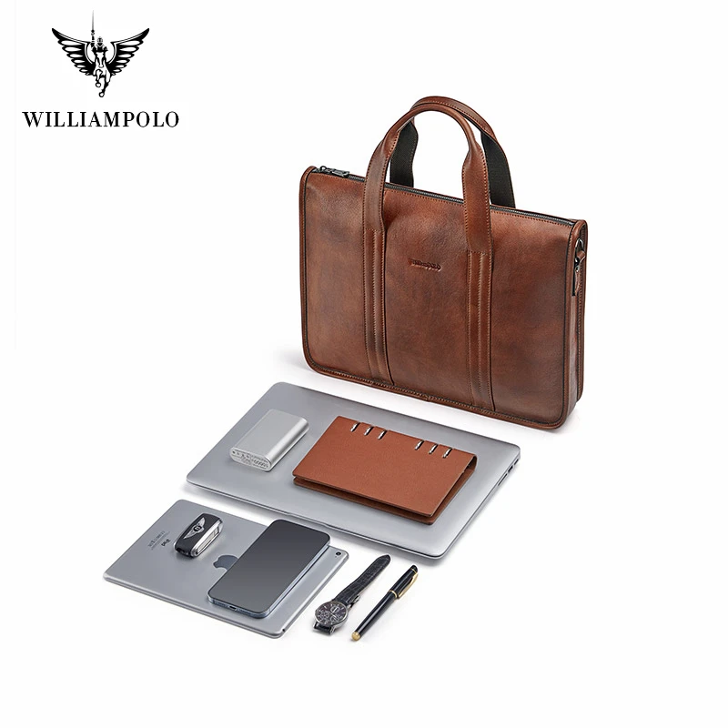 WILLIAMPOLO Men Briefcase Bags Business Leather Bag Multifunctional Shoulder Messenger Bags Work Handbag 14 Inch Laptop Bag