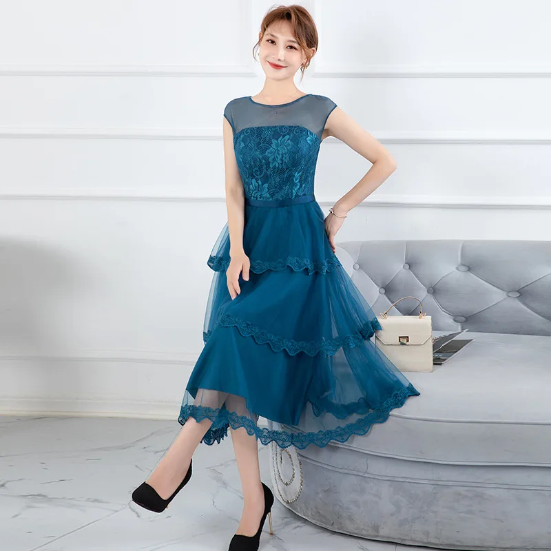 Robe de soirée bleu marine, robe de gâteau, sans manches en dentelle, robe de demoiselle d'honneur, robes de soirée de banquet, nouvelle mode été automne 2021