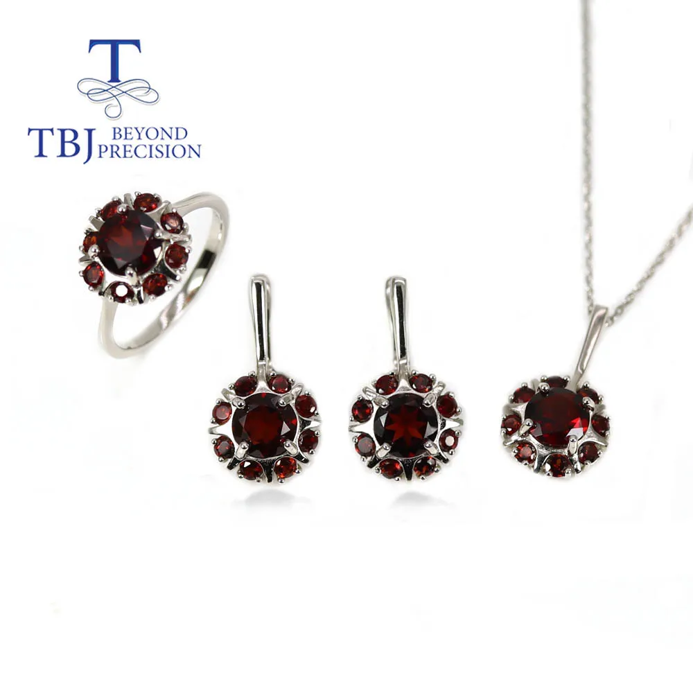 TBJ,Natural Red garnet ring earrings Pendant Jewelry Set 925 sterling silver simple daily wear women's boutique jewelry