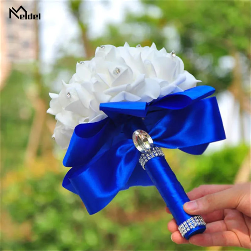 Meldel Artificial PE Roses Bridesmaids Wedding Bouquet Foam Flowers Rose Bridal Bouquet Ribbon Fake Wedding Bouquet Hand Holders