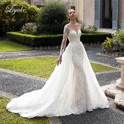 Liyuke Customize Made 2 In 1 Mermaid Wedding Dress With Full Sleeve Sweetheart Of Detachable Train Bridal Dress