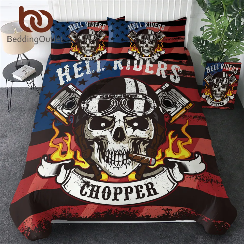 

BeddingOutlet Fire Skull Bedding Set Chopper Print Boys Duvet Cover Set Hell Riders Bedclothes Gothic Striped Flag Home Textiles