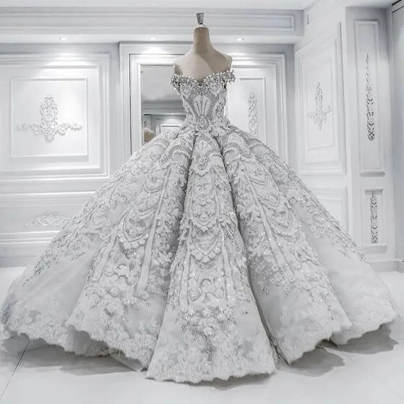 Robe De Mariage งานแต่งงานชุดเจ้าหญิงหรูหรา Vestido De Novia ซาตินประดับด้วยลูกปัดชุดบอลชุดแต่งงานชุด2021