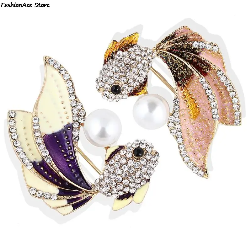 Fish Animal Brooch Jewelry for Women Trendy Cute Goldfish Brooches Alloy Pearl Rhinestone Crystal Enamel