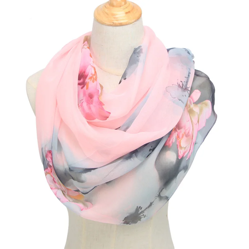 Foulard Long en mousseline de soie pour femmes, écharpe de printemps en Polyester, motif de Lotus, doux, châle de protection solaire, N49