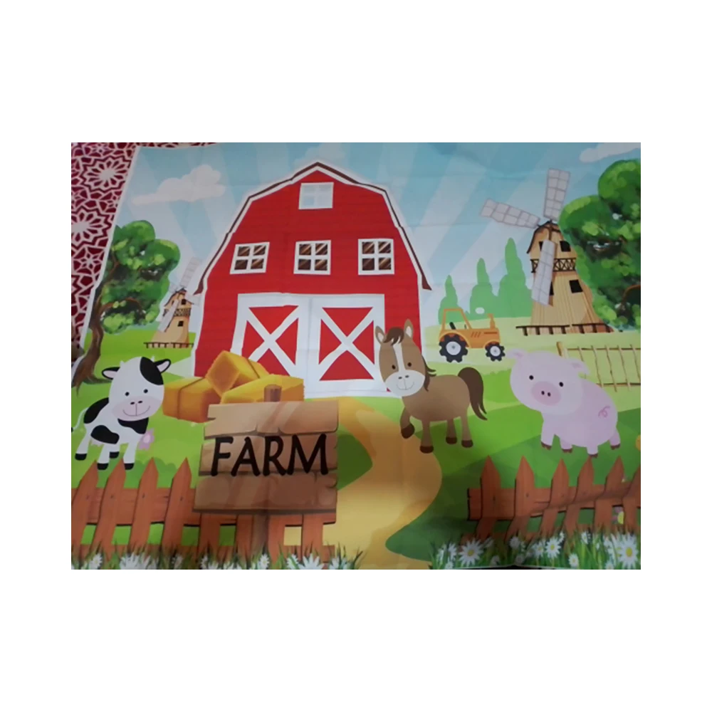 Cartoon Farm Birthday Backdrop Red Farm Barnyard Baby Shower Background Farm Animals Children Birthday Party Banner Decoration