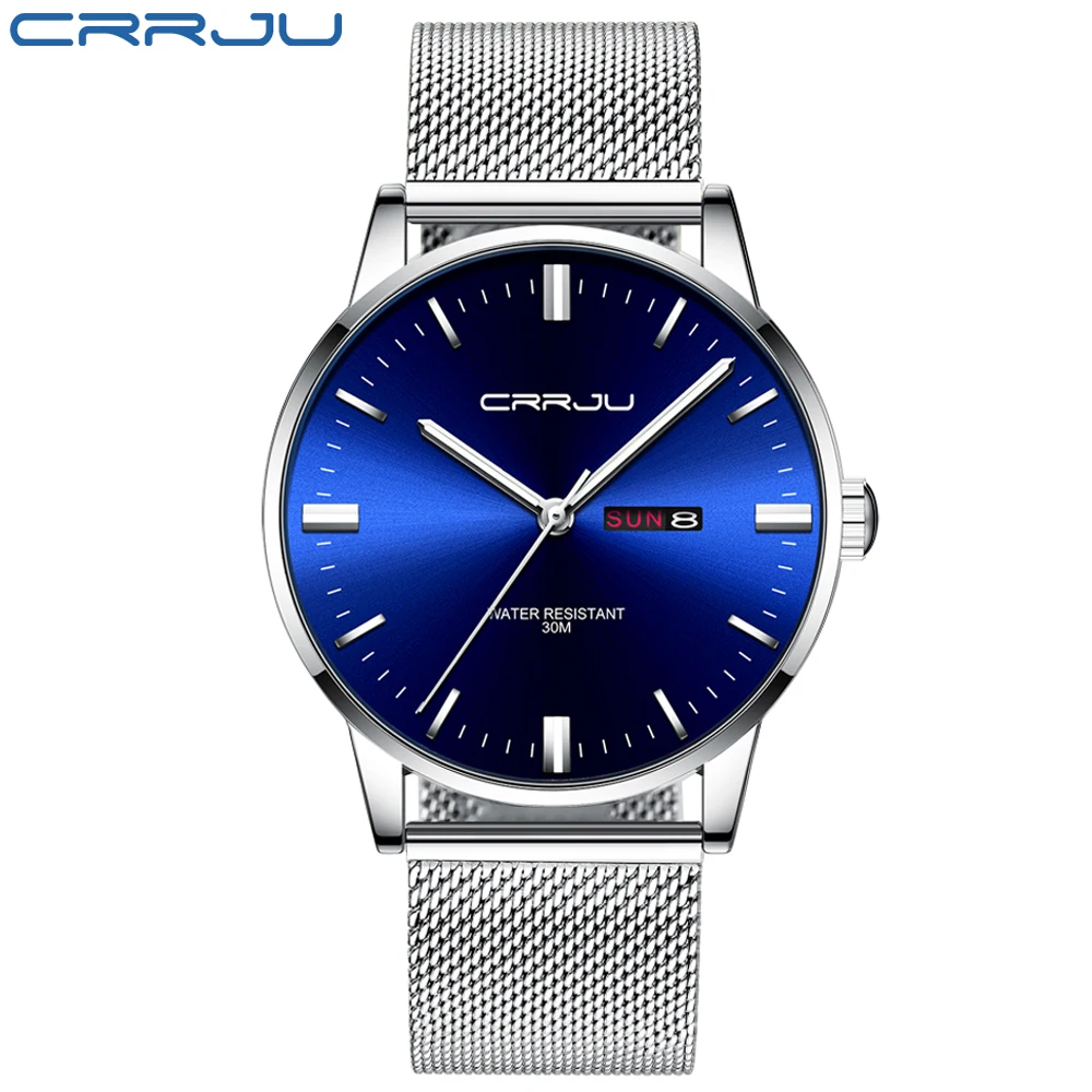 

Watches for Men CRRJU Mens Casual Thin Watch Waterproof Quartz Wristwatch Blue Dial Calendar Display Watch Clock reloj de hombre