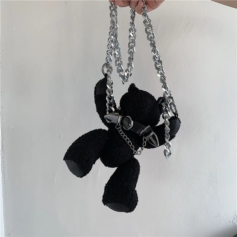 Borsa a tracolla per bambini orso violente All-match orso nero personalità borsa a tracolla da strada giocattoli di peluche farciti scuri per ragazze