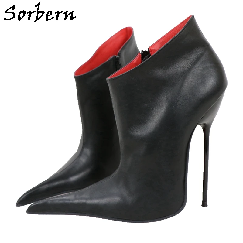 

Sorbern Matt Black Genuine Leather Ankle Boots Side Zipper 16Cm Metal High Heels Stilettos Long Pointy Toes Shoes Custom Color