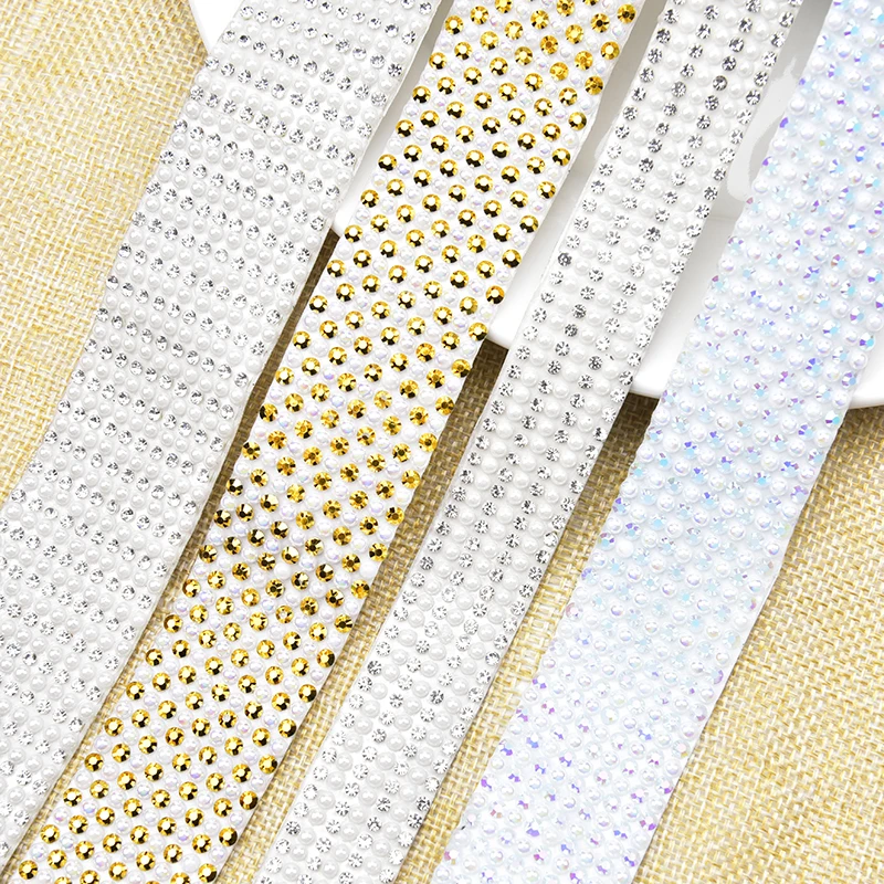 AB Color Self Adhesive Pearl Tape Resin Rhinestone Trim for Wedding Cake Decoration Crystal Applique Iron on Shoes Clothes DIY