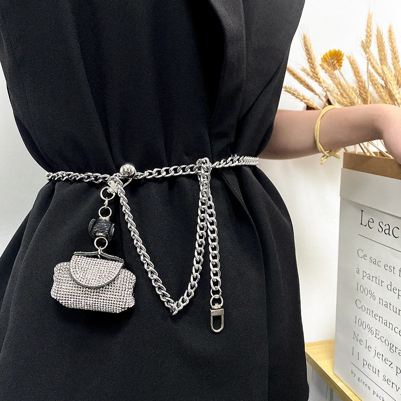 Fashion Mini Waist Bag Full Diamonds Silver Female Waist Chain Metal Chain Waist Chain Accessories Ins Tide Decorative Thin Belt